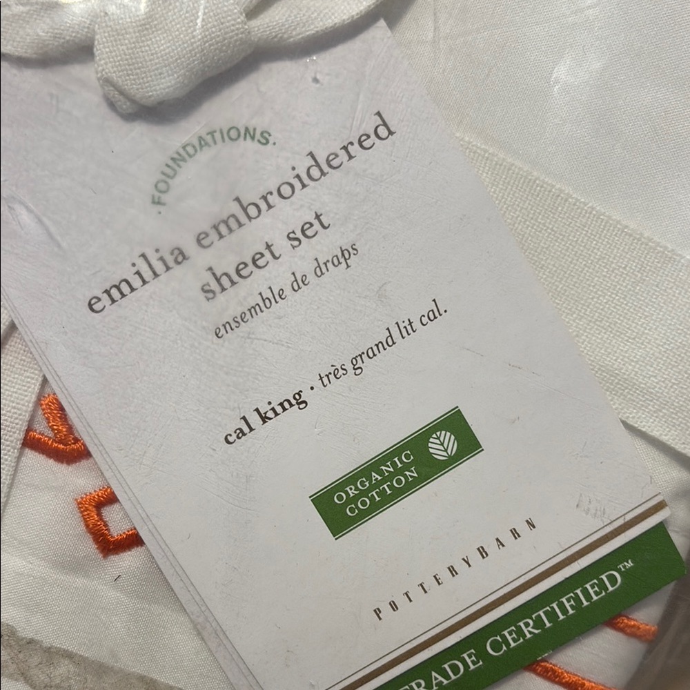 Pottery Barn Organic Cotton Sheet Set with Orange Embroidery
